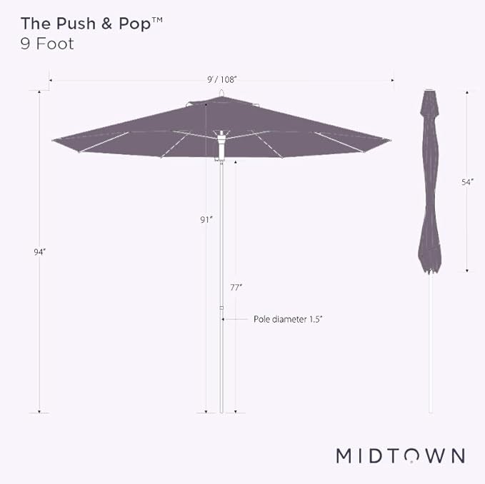 Midtown Umbrellas Push Pop Sunbrella Umbrella 9 Feet Outdoor Umbrella in Infused Gem Acrylic - Patio Umbrella, Backyard Umbrella, Garden Umbrella, Picnic Table Umbrella & Pool Umbrella - Black Pole