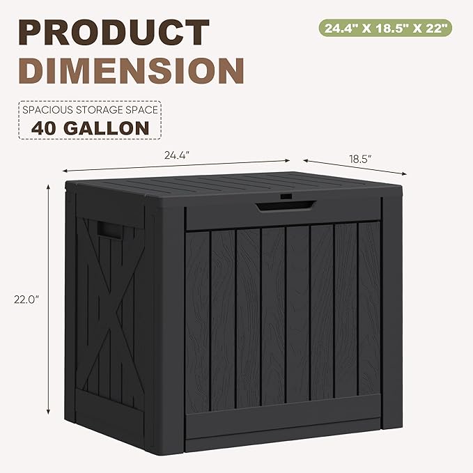Greesum 40 Gallon Resin Deck Box, Outdoor Storage for Patio Furniture, Garden Tools, Pool Supplies, Weatherproof and UV Resistant, Lockable, Black