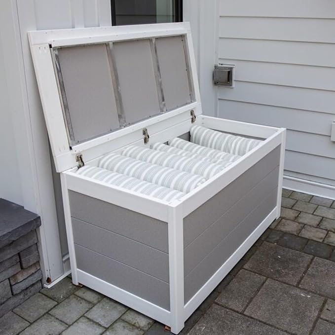 DutchCrafters Poly Waterproof Outdoor Deck Box 200-Gallon Large Deck Box Weatherproof Storage for Pool Decor, Porch Packages, Pool Towel Holder, Holds Up To 10 Cushions (Weatherwood & White)