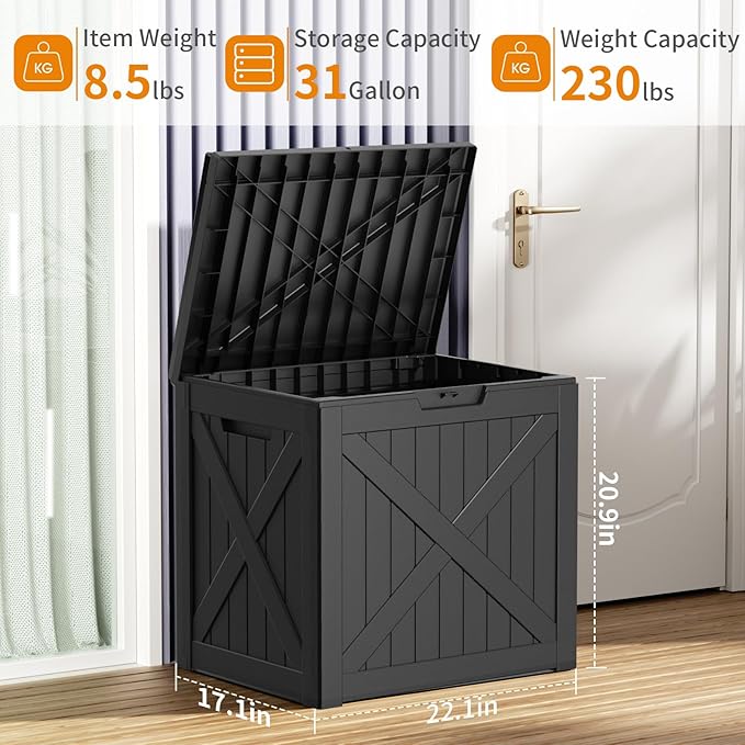 32 Gallon Deck Box,Resin Outdoor Storage Box with Lockable for Patio Furniture, Pool Accessories, Garden Tools, Waterproof Outside Storage Box, Black