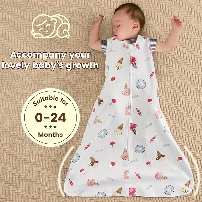 PHF Soft Baby Sleep Sack 6-12 Months 100% Organic Cotton Wearable Blanket, 2-Way Zipper 0.5 TOG Toddler Sleeping Sack 3 Pack, Comfy Sleep Bag for Baby Boys Girls, Ice Cream (Medium)