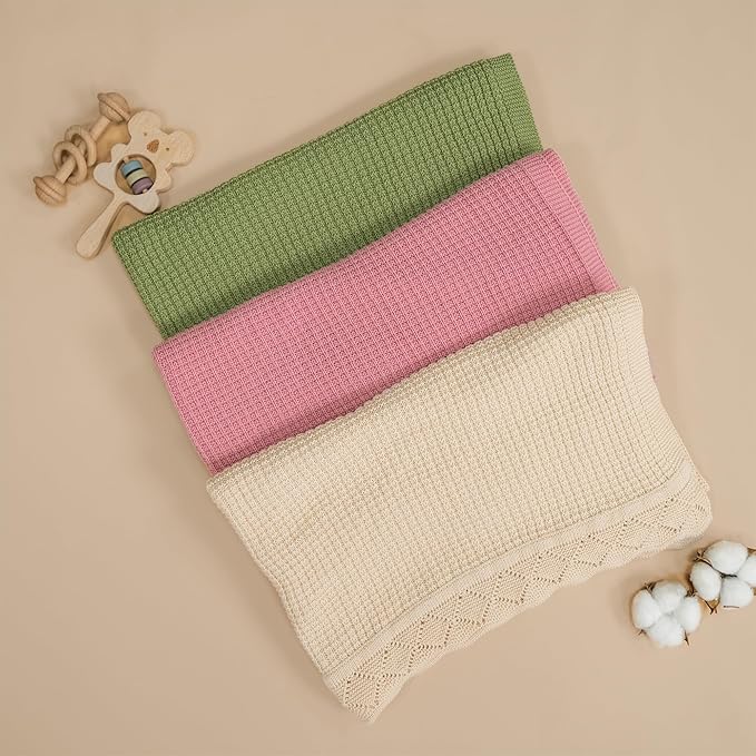 Baby Knit Blanket, 100% Cotton Waffle Patterns, Soft, Cozy, Lightweight Swaddle for Newborn & Infant Swaddling Beige Neutral, Perfect Baby Shower Ideas Red 28x36