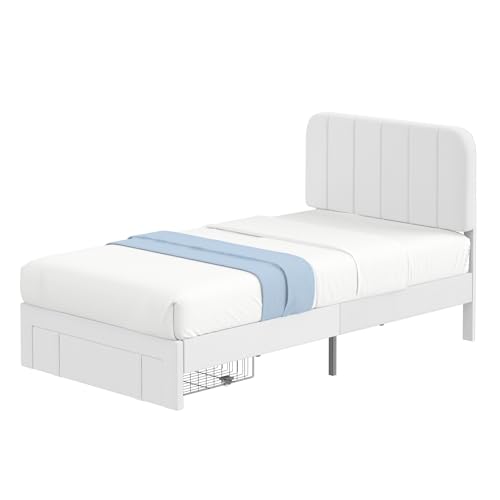 Twin Size Upholstered Bed Frame with Drawer and Headboard