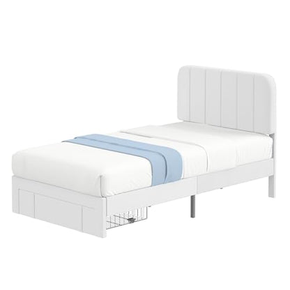 Twin Size Upholstered Bed Frame with Drawer and Headboard
