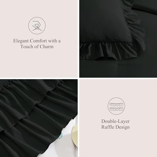 King Size Comforter Set Black Ruffle 7 Pieces Farmhouse Bed in a Bag