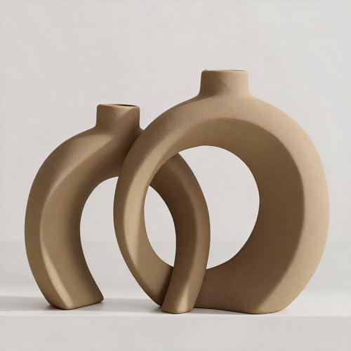 Set of 2 Brown Ceramic Vases for Home Decor Accents