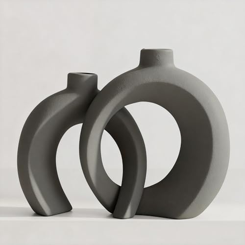 Set of 2 Gray Ceramic Vases for Home Decor Accents