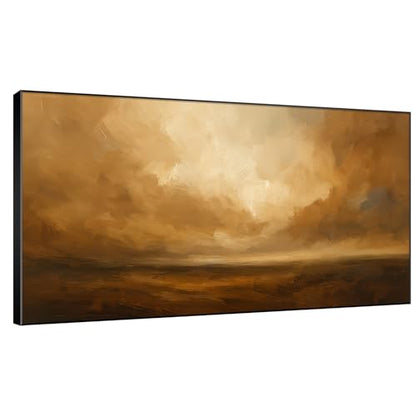 36"x60" Extra Large Framed Wall Art Golden Horizon Abstract Landscape Warm Brown and Amber Sky Illustration for Home Living Room Bedroom Decor
