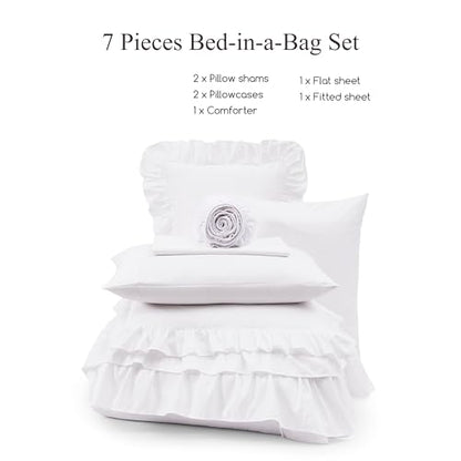 King Size Comforter Set White Ruffle 7 Pieces Farmhouse Bed in a Bag