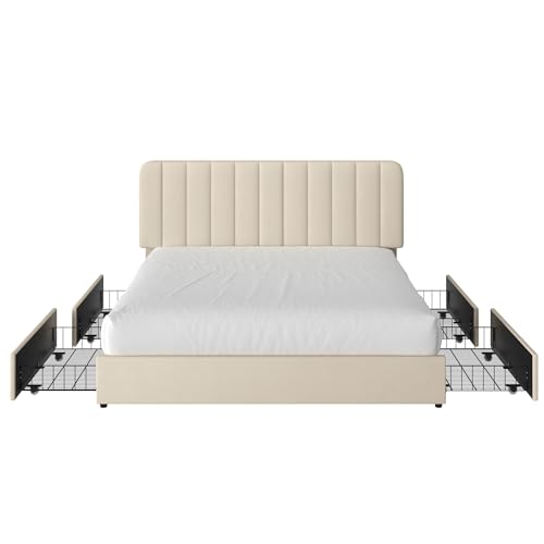 King Size Upholstered Bed Frame with 4 Drawers and Headboard