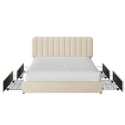 King Size Upholstered Bed Frame with 4 Drawers and Headboard