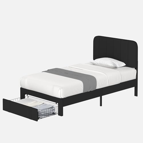 Twin Size Upholstered Bed Frame with Drawer and Headboard