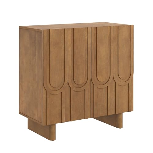 Kelly Mid Century Style Credenza with Geometric Carved Doors