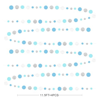 Dusty Blue Silver White Polka Dots Garland Hanging Paper Circle Dot Streamer for Nautical Birthday Wedding Engagement Bridal Shower Retirement Graduation Hen Party Decorations Supplies