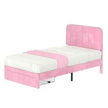 Twin Size Upholstered Bed Frame with Drawer and Headboard
