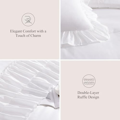 King Size Comforter Set White Ruffle 7 Pieces Farmhouse Bed in a Bag