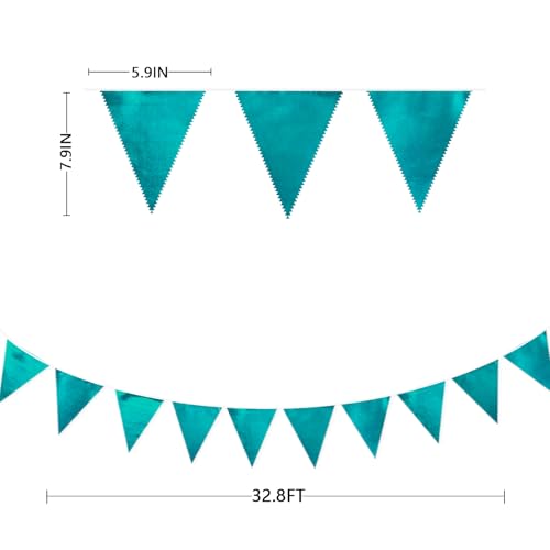 Teal Aqua Blue Triangle Pennant Banner Dark Metallic Fabric Flag Bunting Garland for Birthday Bridal Shower Graduation Wedding Holiday Retirement Mermaid Party Decorations Supplies