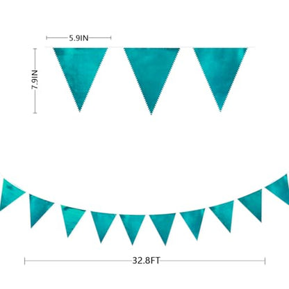 Teal Aqua Blue Triangle Pennant Banner Dark Metallic Fabric Flag Bunting Garland for Birthday Bridal Shower Graduation Wedding Holiday Retirement Mermaid Party Decorations Supplies