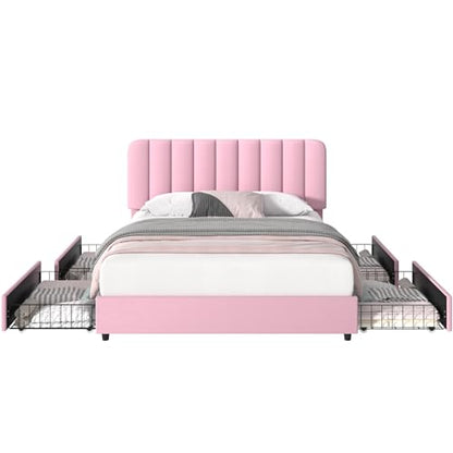 Full Size Upholstered Bed Frame with 4 Drawers and Headboard