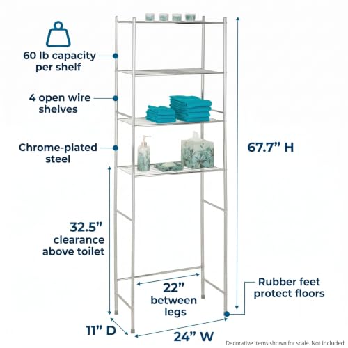Over-the-Toilet Bathroom Storage Shelf, Steel, Chrome, 4-Tier