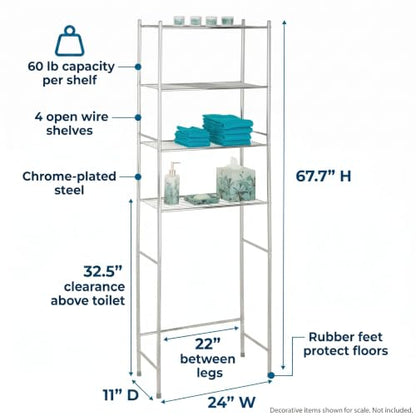 Over-the-Toilet Bathroom Storage Shelf, Steel, Chrome, 4-Tier
