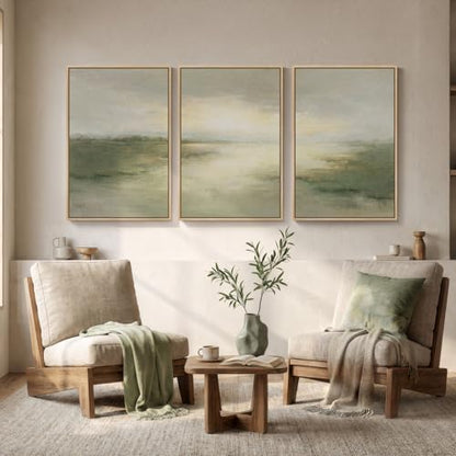 Large Framed Sage Green Abstract Landscape Wall Art for Living Room (3 Count)