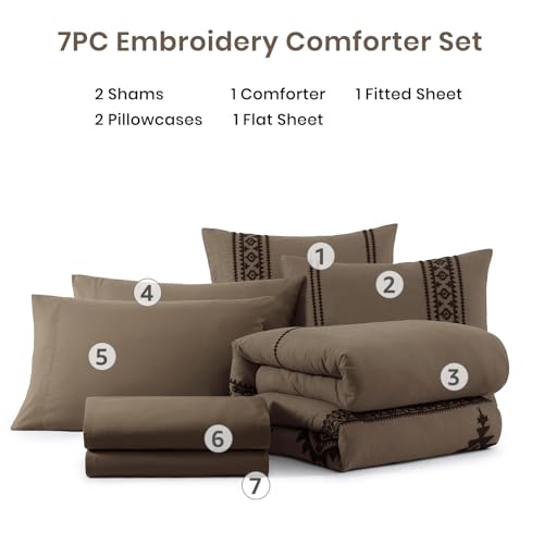 Embroidery Queen Comforter Set 7 Pieces Taupe Grey Bed in a Bag
