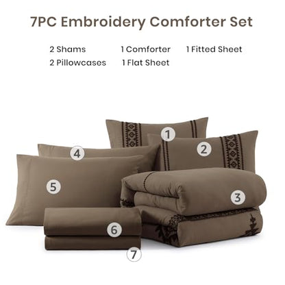 Embroidery Queen Comforter Set 7 Pieces Taupe Grey Bed in a Bag