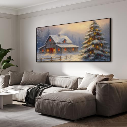 24"x46" Extra Large Framed Wall Art Rustic Winter Cabin with Christmas Tree and Snowy Landscape for Home Living Room Bedroom Decor