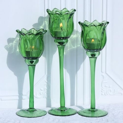 Green Glass Tulips Candle Holders Set of 3 (3 Count)