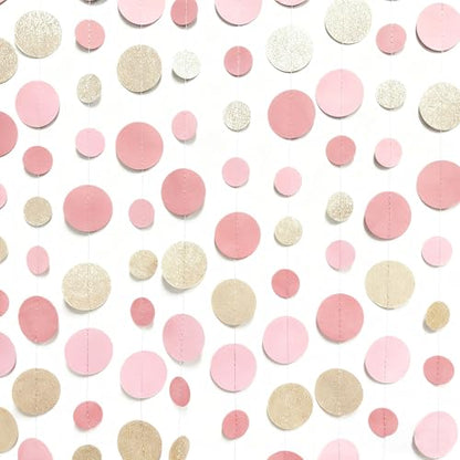 Champagne Gold Rose Pink Polka Dot Garland Champagne Dusty Pink Circle Dot Hanging Streamer Banner for Birthday Bridal Shower Wedding Engagement Retirement Boho Party Decorations Supplies