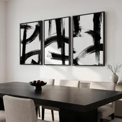 Large Framed Black and White Modern Abstract Wall Art Set (3 Count)