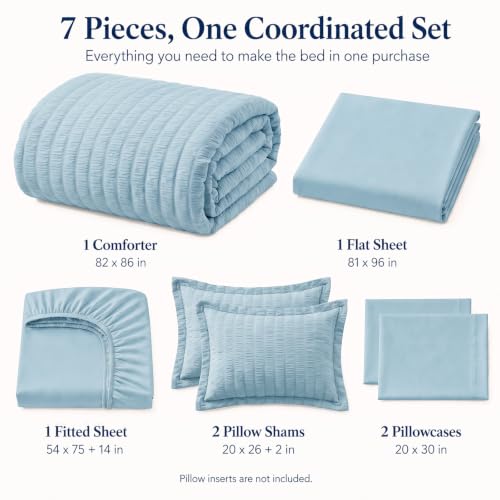 Full Size Comforter Set 7 Pieces Light Blue Seersucker Bed in a Bag
