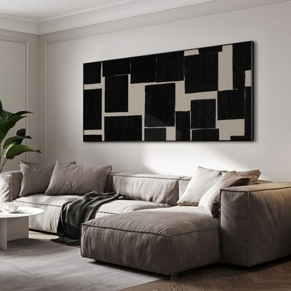 36"x72" Extra Large Framed Wall Art Modern Abstract Black and Beige Geometric Blocks for Home Living Room Bedroom Decor