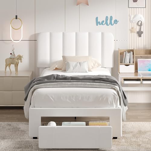 Twin Size Upholstered Bed Frame with Drawer and Headboard