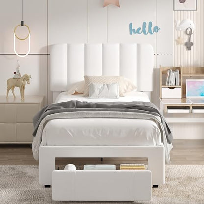 Twin Size Upholstered Bed Frame with Drawer and Headboard