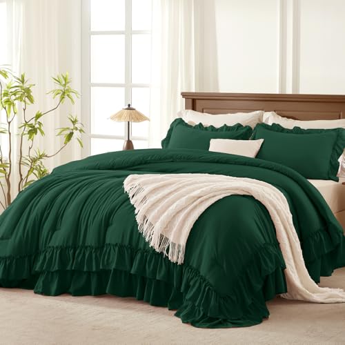 Dark Green Twin Size Ruffle Comforter Set