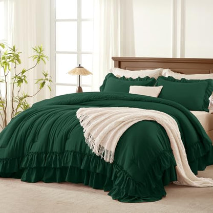 Dark Green Twin Size Ruffle Comforter Set