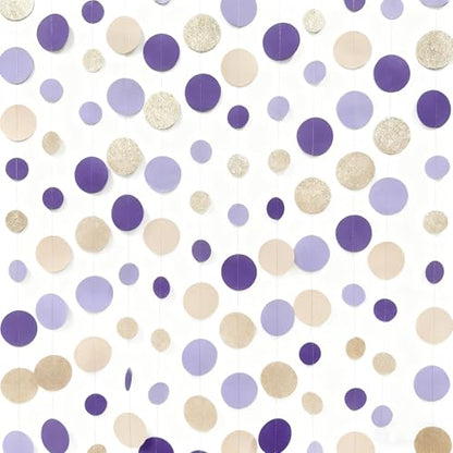 Champagne Gold Purple Cream Nude Polka Dots Garland Lavender Hanging Paper Circle Dot Streamer for Birthday Wedding Shower Engagement Bridal Shower Lilac Violet Theme Party Decorations Supplies