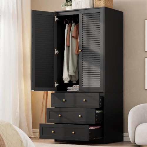 70" Wardrobe Armoire Wooden Closet with 3 Drawers