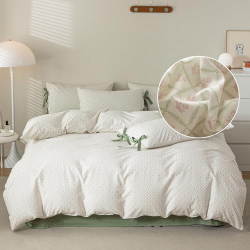 Full Comforter Set Pink Flower Comforter with 2 Bowknot Pillowcases Chic Plaid Grid Prints Floral Bedding Comforter Boho Farmhouse Bedding Set French Country Style Botanical Comforter Set (3 Count)
