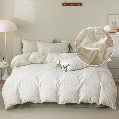 Full Comforter Set Pink Flower Comforter with 2 Bowknot Pillowcases Chic Plaid Grid Prints Floral Bedding Comforter Boho Farmhouse Bedding Set French Country Style Botanical Comforter Set (3 Count)