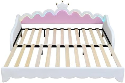 CITYLIGHT Twin Size Upholstered Daybed with Crown Headboard, Cute Bed Frame with LED, Extending Daybed Princess Bed for Girls (White)