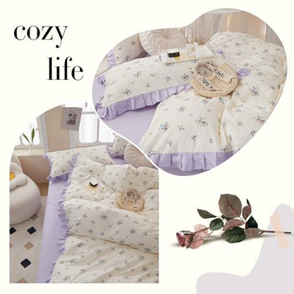 Ruffle Comforter Set Queen Vintage Purple Floral Bedding Comforter 3 Pieces Coquette Bedding Flowers Cottagecore Comforter Set with 2 Pillowcases Fluffy Soft Aesthetic Flower Bedding Set with Lace
