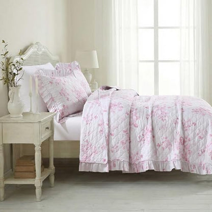Pink Ruffled Quilt Queen Size with 2 Pillow Shams