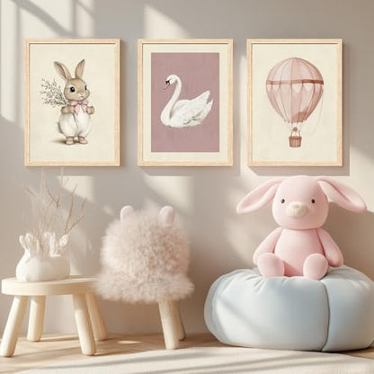 Wood Framed Pink Cute Bunny Nursery Wall Art Set of 3 (3 Count)