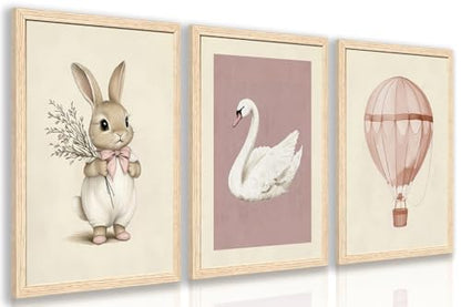 Wood Framed Pink Cute Bunny Nursery Wall Art Set of 3 (3 Count)