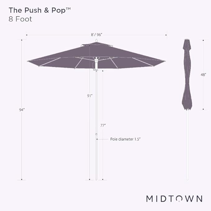 Midtown Umbrellas Push Pop Sunbrella Umbrella 8 Feet Outdoor Umbrella in Black Acrylic Fabric - Patio Umbrella, Backyard Umbrella, Garden Umbrella, Picnic Table Umbrella & Pool Umbrella - Black Pole