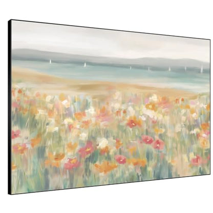60"x72" Extra Large Framed Wall Art Coastal Flower Field with Sailing Boats Serene Landscape Illustration for Home Living Room Bedroom Decor