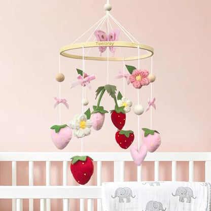 Strawberry Baby Crib Mobile for Girls Pink Bow Nursery Decor